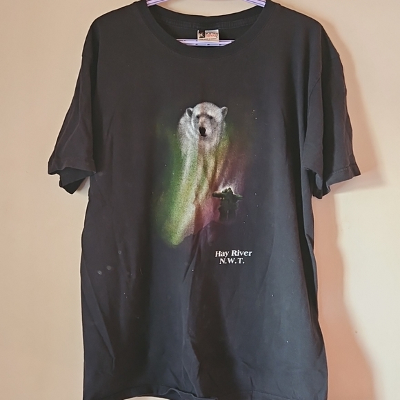 Vintage Polar Bear Nature Canada T-Shirt Northen Lights 100% Cotton Sz. L Black - Picture 1 of 7